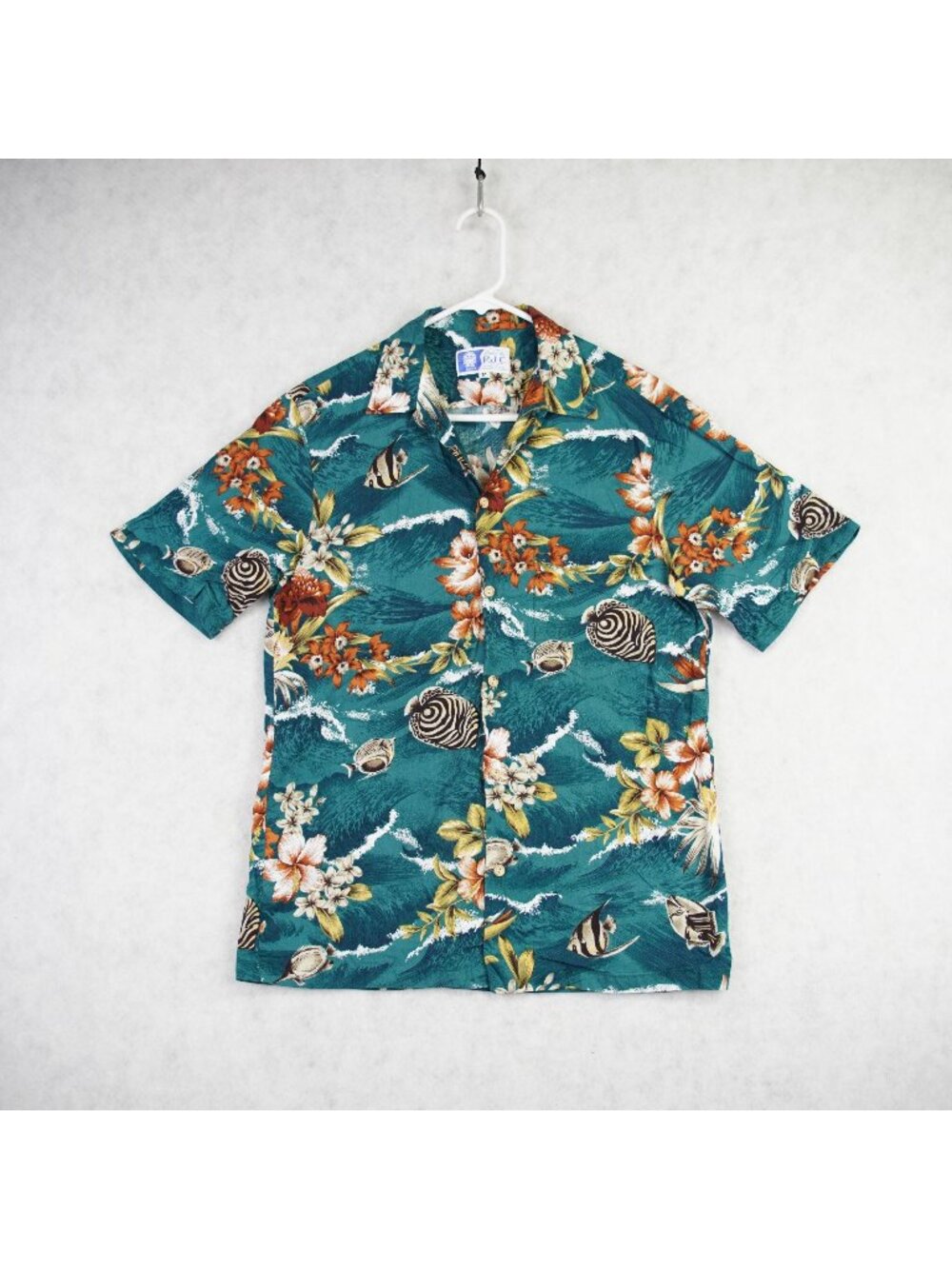 VTG RJC Mens Hawaiian Aloha Shirt Floral & Fish Print Size Medium Ocean Wave 80s